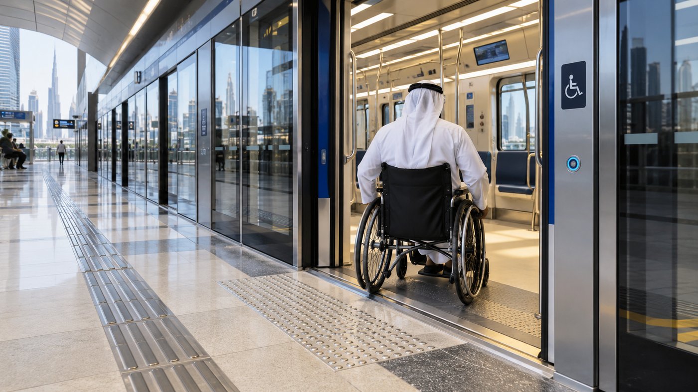 Wheelchair user boarding a Dubai Metro train through level platform doors