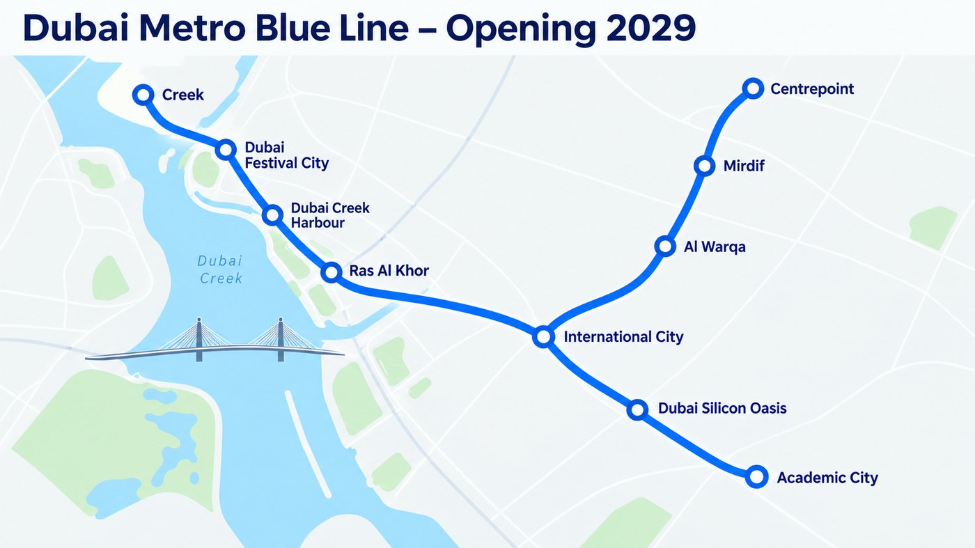 Dubai Metro Blue Line route map with 14 stations, opening 2029