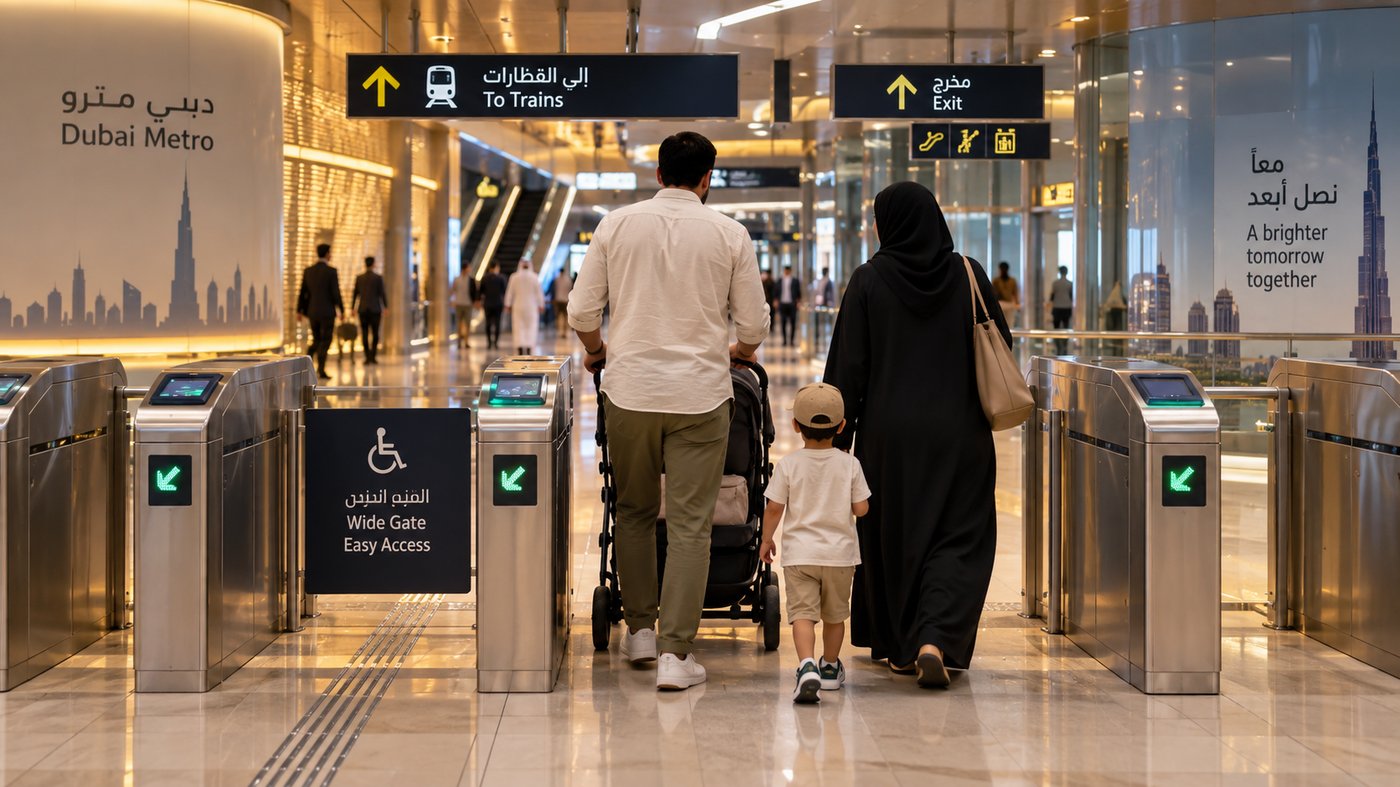 Family with a stroller entering wide accessible Dubai Metro gates
