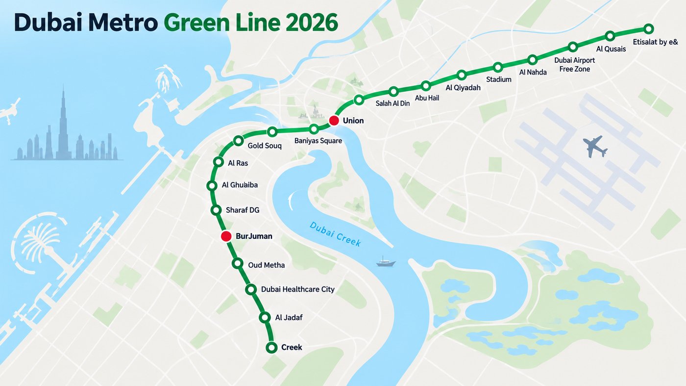 Dubai Metro Green Line map with all stations from Etisalat by e& to Creek