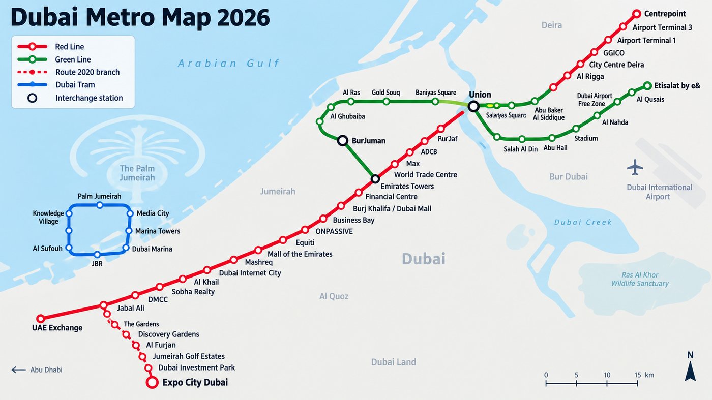 Dubai Metro map 2026 showing Red Line and Green Line stations