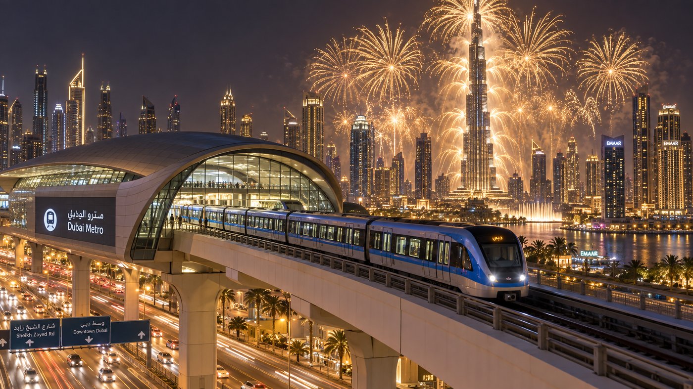 Dubai Metro train with New Year fireworks over Burj Khalifa