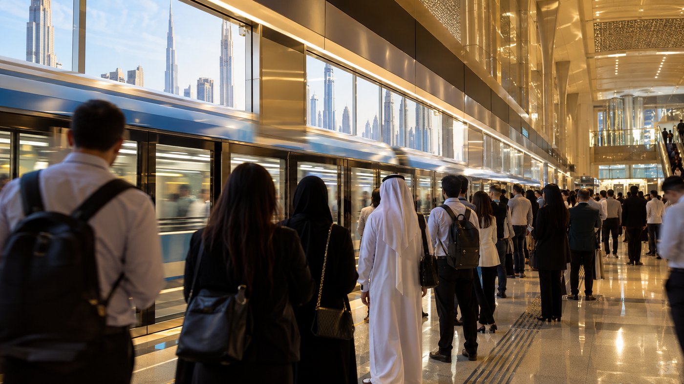 Commuters queuing on a Dubai Metro platform at rush hour
