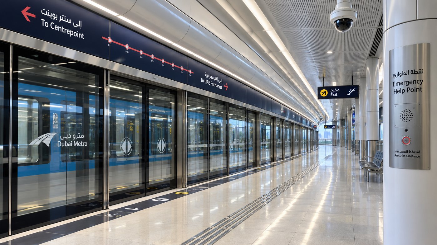 Dubai Metro platform with screen doors, CCTV and emergency help point