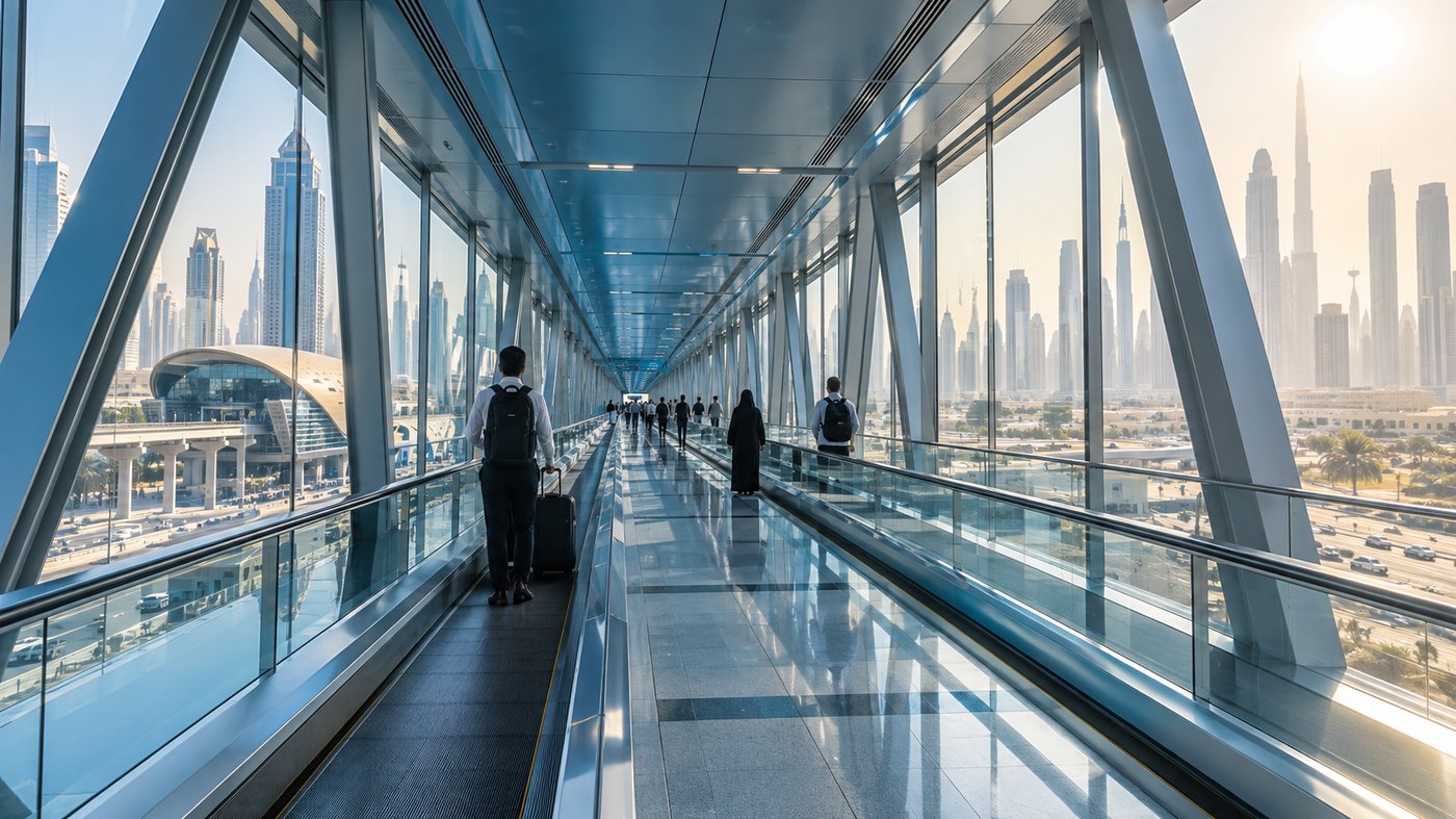 Air-conditioned metro footbridge with the hot Dubai skyline outside
