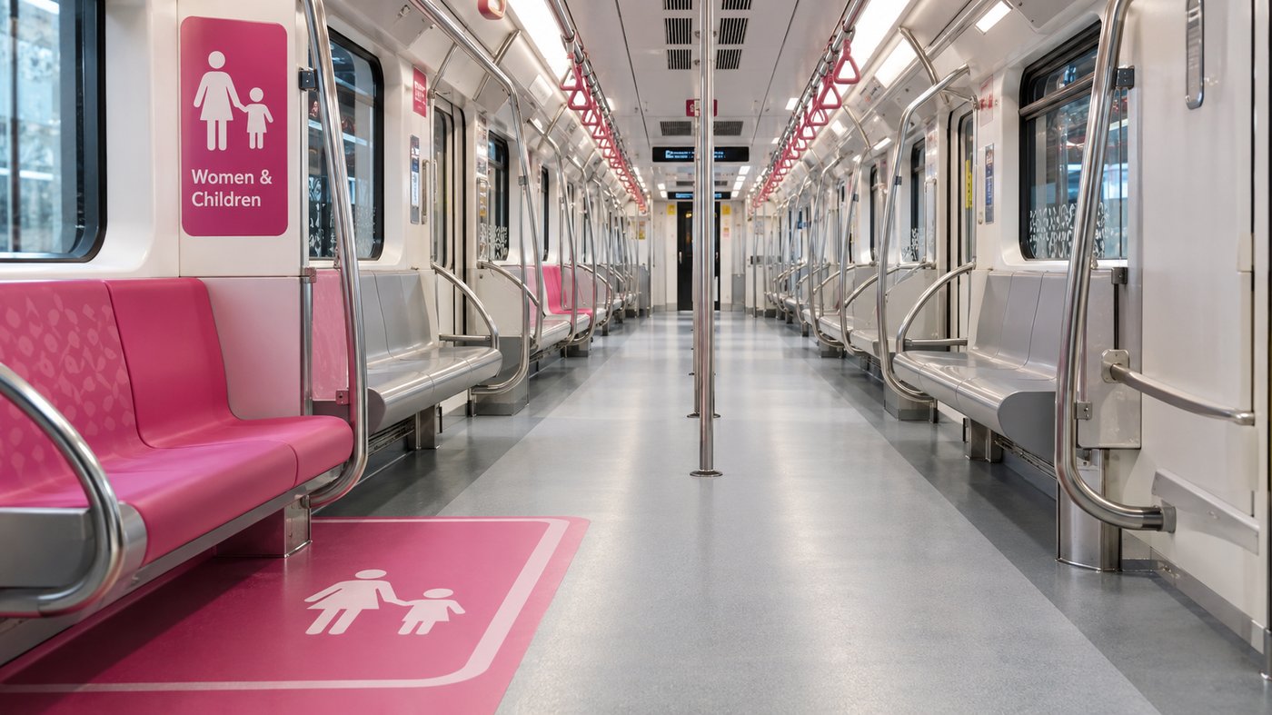 Pink-marked Women and Children cabin inside a Dubai Metro train