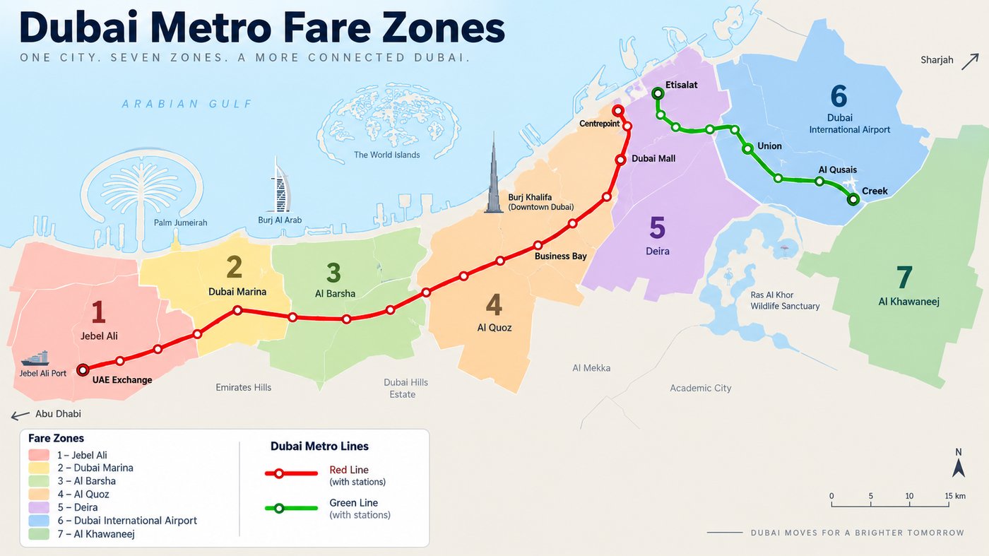 Dubai Metro fare zones map with all seven zones and both metro lines