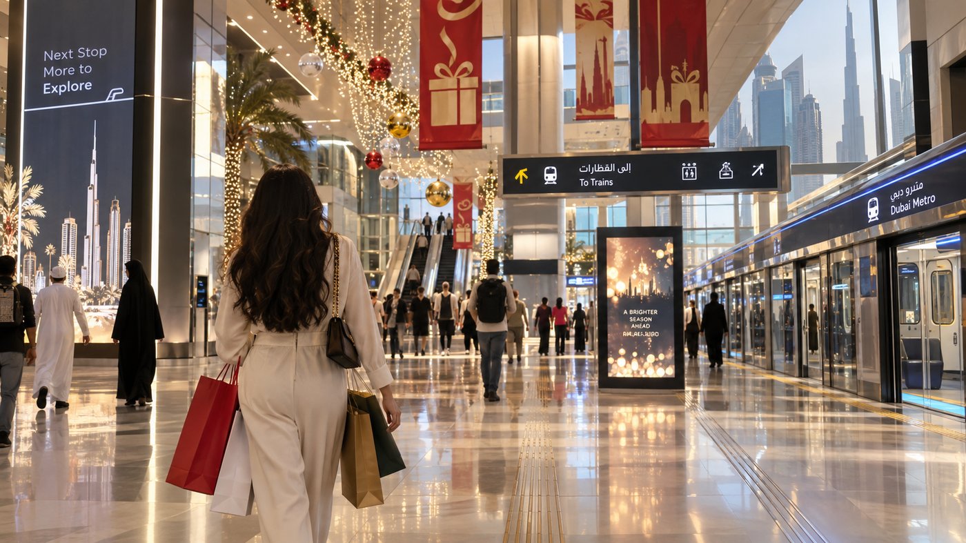 Shopper with bags in a Dubai Metro station during Dubai Shopping Festival