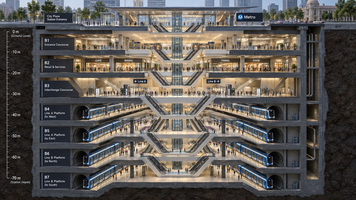 Cutaway of the deep underground International City Blue Line interchange
