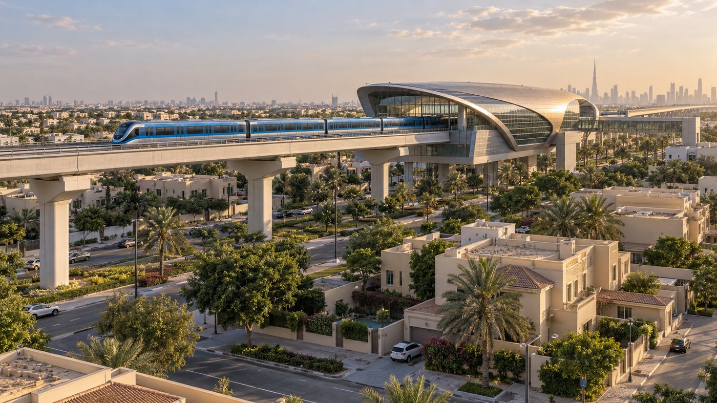 Render of the future Mirdif Blue Line metro station among suburban villas